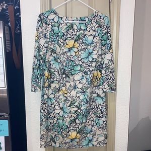 The limited; teal, yellow, and cream dress; 3/4 sleeve